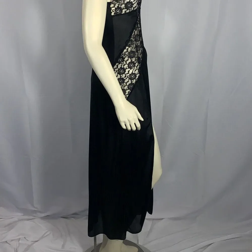 Vintage 70's Black Lingerie Slip Dress Maxi Long Dress High Slit See through Wai - Picture 6 of 16